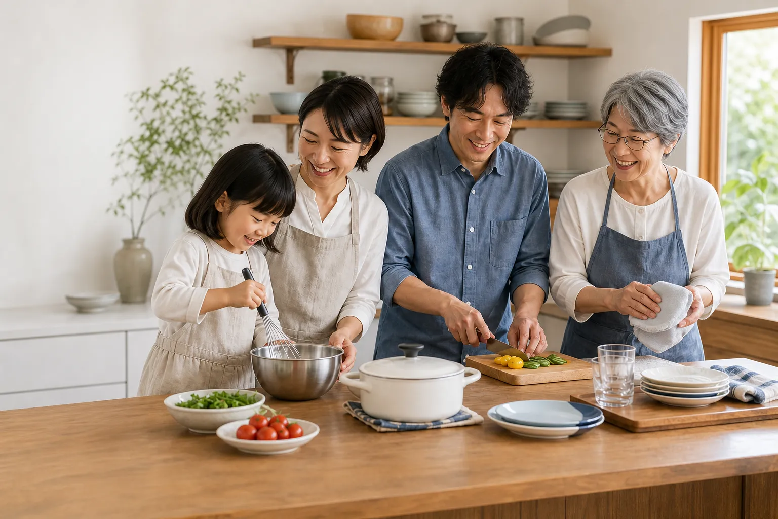 子ども、大人、高齢の家族が明るいキッチンで一緒に料理と片づけをしている様子
